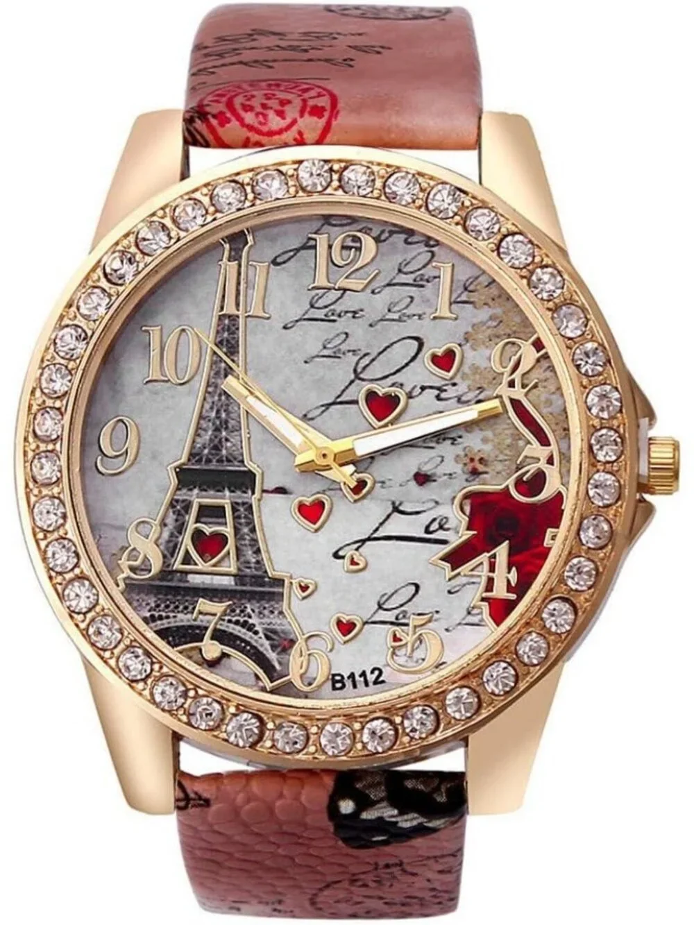 Women's Brown Analog Quartz Solid Pu Leather Strap Bling Rhinestone Wrist Watch